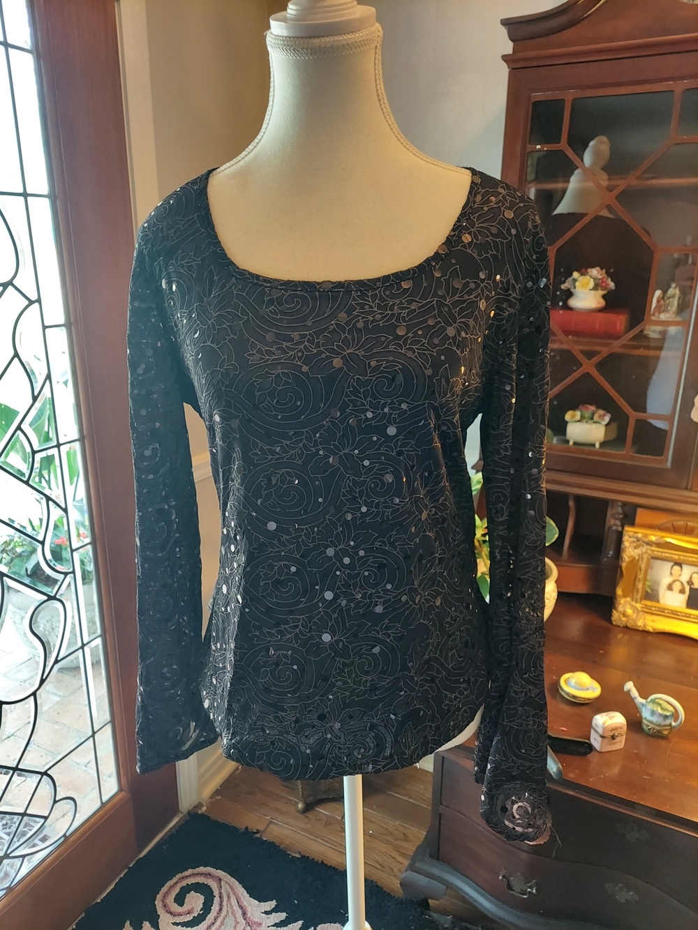 Women's Long Sleeve Black Sequin Floral Tee